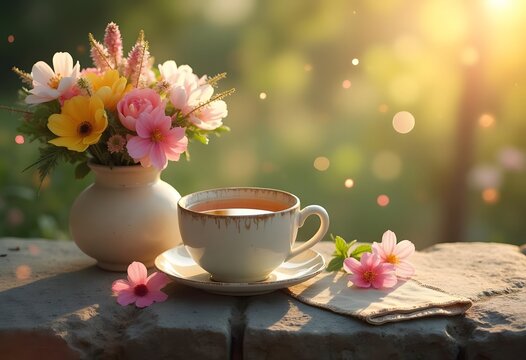 Morning tea cup with spring flowers in ceramic vase on rustic wooden table during sunrise. Cozy breakfast scene with warm sunlight and bokeh effect. Romantic garden setting with copy space
