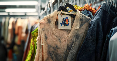 Obraz premium Shopping, store and clothes on rack for recycling, sustainability and recycled material. Fashion, designer boutique and tag on textile, clothing and fabric for discount, promotion and retail sale