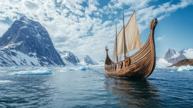 Old viking ship in nordic sea with ice in winter. Arctic ocean landscape with wooden drakkar with shields and folded sails, icebergs, mountains and snow, vector cartoon illustration