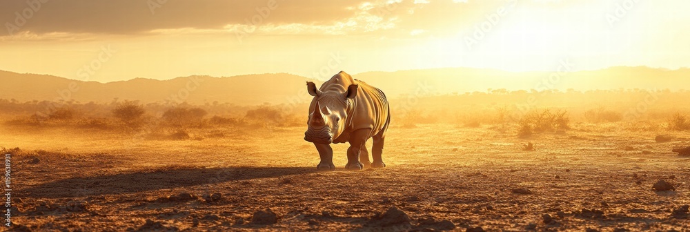 Poster a rhino walks through a dusty savanna at sunset with space for text and layered hues in the sky. gen