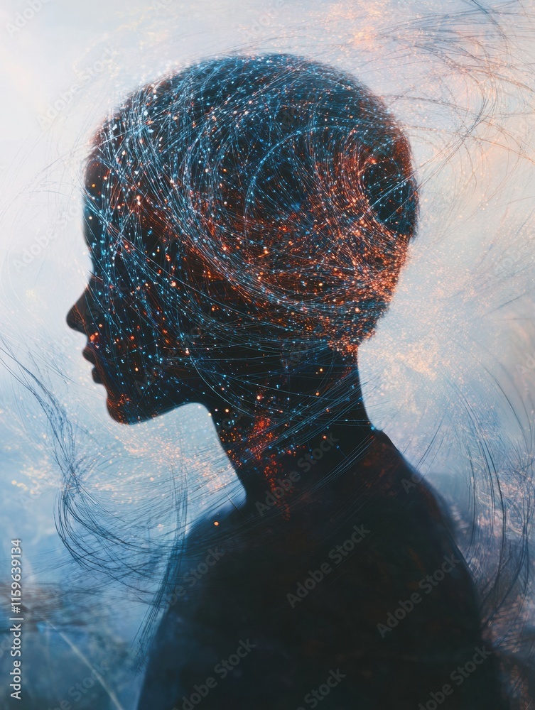 Leinwandbilder silhouette of a person enveloped in an abstract whirlwind of emotions representing loneliness and in