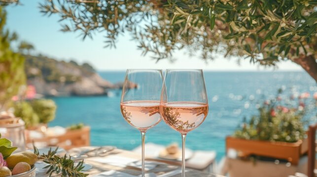 Cold rose Provencal wine in glass served in sunlights on outdoor terrace with view on old fisherman's harbour - Powered by Adobe