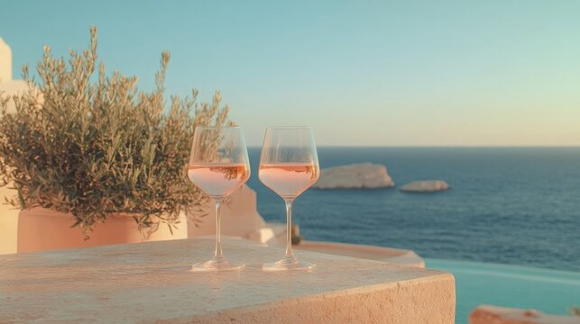 Cold rose Provencal wine in glass served in sunlights on outdoor terrace with view on old fisherman's harbour - Powered by Adobe