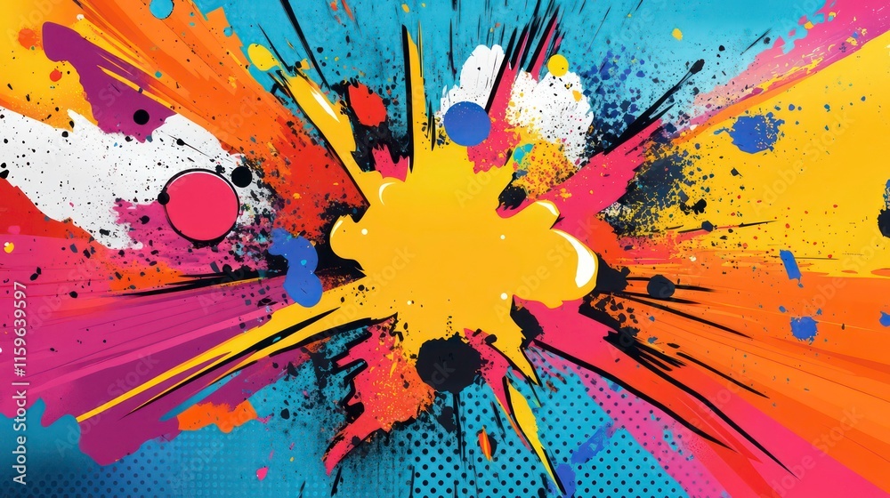 Poster vibrant abstract art with colorful splashes and burst effect.