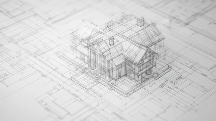 Fototapeta premium Wireframe blueprint drawing of 3D building. Vector architectural template background.