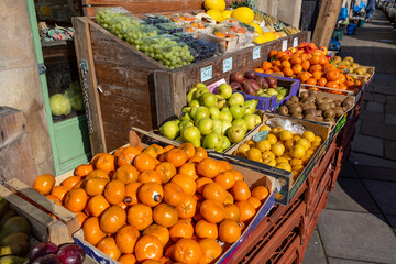 Fruits and vegetables for sale outisde a shop