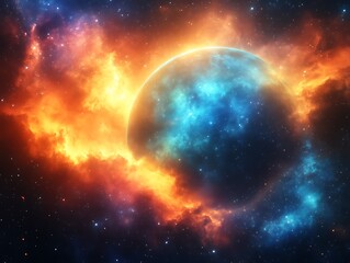 Obraz premium Celestial Orb Amidst Fiery Cosmic Nebulae
