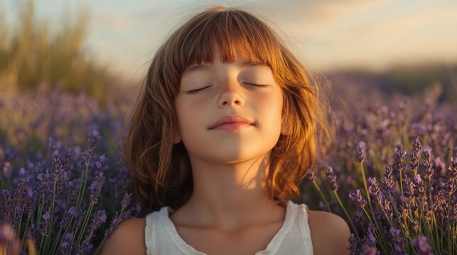 Young Girl Serene In Lavender Field At Sunset