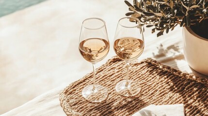 Cold rose Provencal wine in glass served in sunlights on outdoor terrace with view on old fisherman's harbour