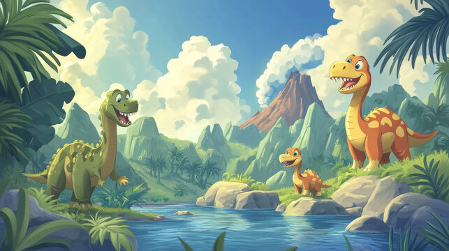 Cartoon dinosaurs drinking water from river on sunny day. Vector cartoon illustration of ancient Jurassic era animals on tropical landscape with volcano eruption. Prehistoric adventure game background