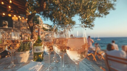 Obraz premium Cold rose Provencal wine in glass served in sunlights on outdoor terrace with view on old fisherman's harbour