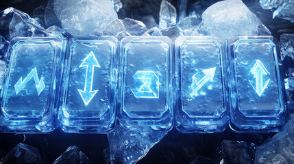 Obraz premium Ice buttons for ui game, gui elements isolated on white background. Vector cartoon kit of blue frozen banners, menu buttons with signs, arrows and progress bar for mobile game