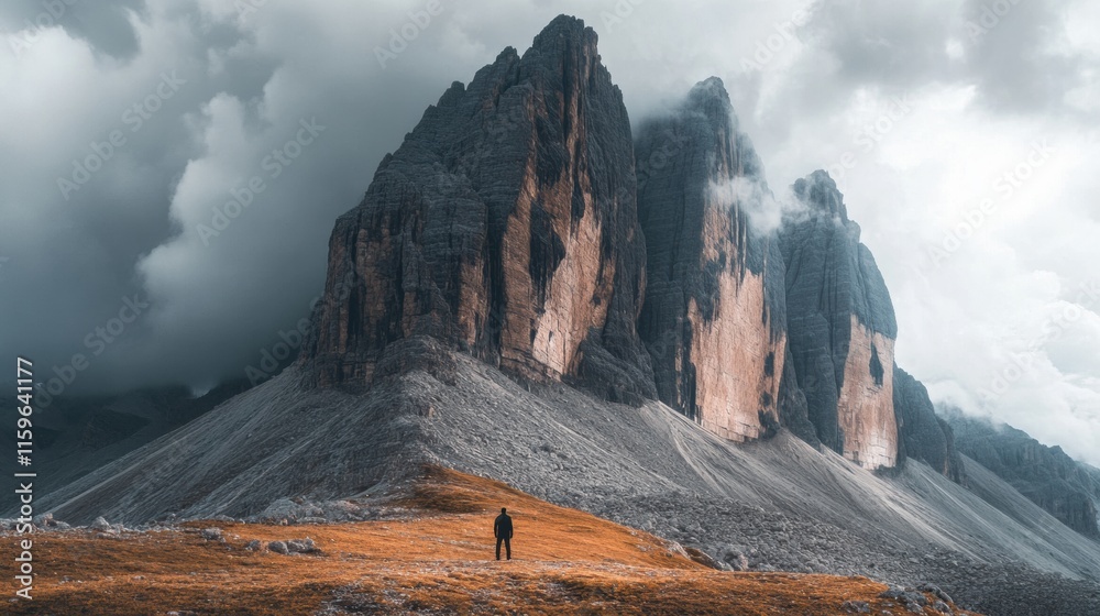 Poster lone figure stands at the base of a towering mountain in a vast, dramatic landscape filled with clou