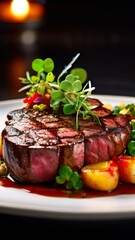Gourmet steak presentation with vibrant grilled vegetables and aromatic herbs, creating a visually stunning plate suitable for culinary magazines and high-end restaurant promotions.