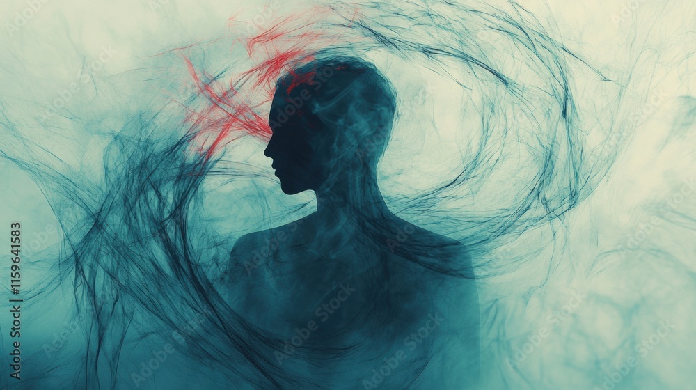 Aufkleber Silhouette of a person encompassed by an abstract whirlwind representing loneliness and emotional turmoil in vibrant colors. Generative AI