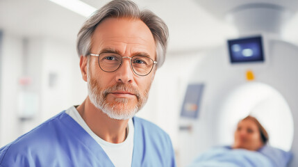 Obraz premium Senior male radiologist with glasses and a gray beard wearing blue scrubs, standing by MRI scanner with a patient in the background in a diagnostic center. Copy space.