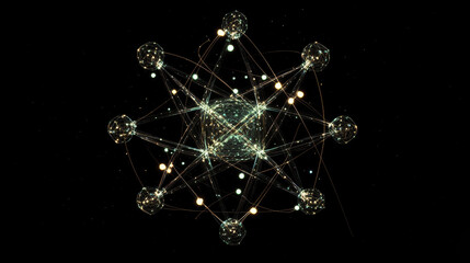 The atom hologram. Physics of polygons, triangles, points, and lines. Atom is a low-poly compound structure. The technology concept.