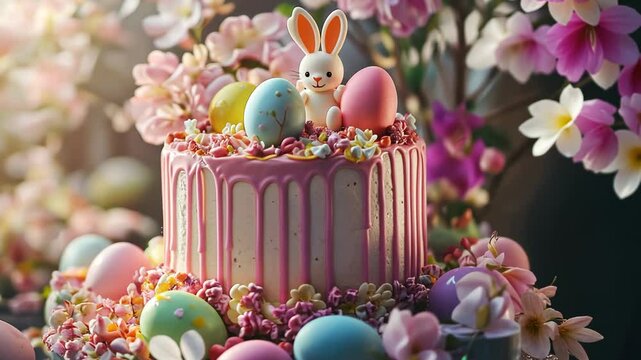Colorful easter cake with bunny and eggs surrounded by blossoms in springtime celebration