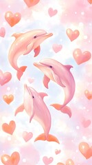 Obraz premium Pink dolphins and hearts with dreamy pastel background