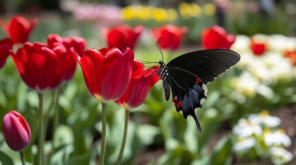 Fototapeta premium Black Butterfly on Red Tulips in a Garden
