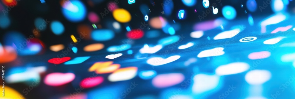 Poster colorful digital icons representing popular social media interactions in a vibrant display of techno