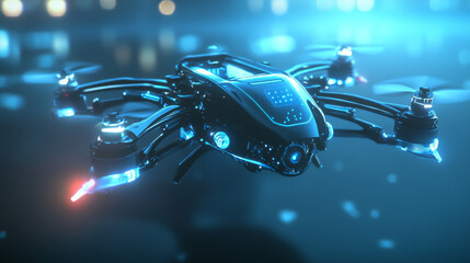 Hologram drone. A holographic projection of the drone. Flickering energy flux of particles. Scientific transport design.