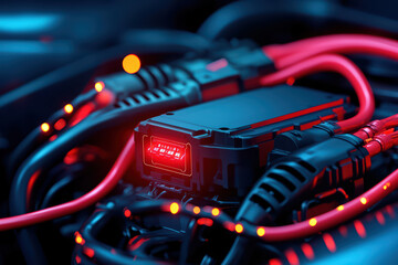close up view of car battery with red cables and connectors, showcasing intricate details and vibrant colors
