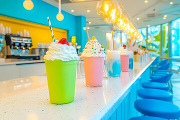 Obraz premium Colorful milkshakes topped with whipped cream bring a fun vibe to the café