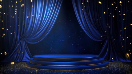 Elegant blue stage with gold confetti, perfect for awards ceremony or product presentation.