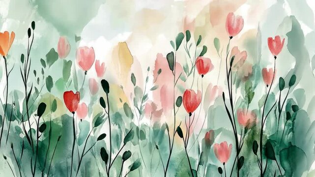 Vibrant watercolor floral blooming in gentle spring breeze