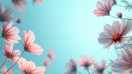 Naklejka premium Delicate Pink Cosmos Flowers Against A Blue Sky