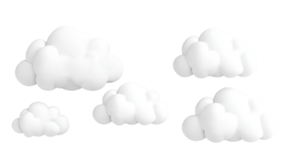 A collection of fluffy, white clouds against a transparent background, creating a whimsical and serene atmosphere ideal for various design projects. PNG on transparent background