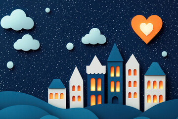 dreamy paper cut cityscape with colorful buildings, clouds, and heart