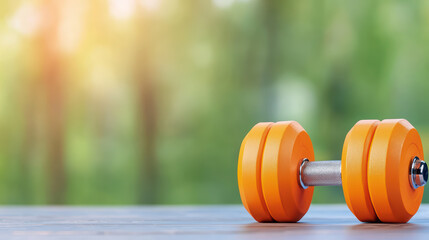 vibrant orange dumbbell rests on wooden surface, symbolizing fitness and strength in natural setting