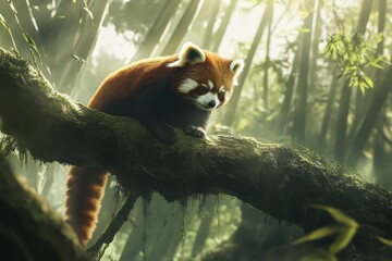 Vivid image Red panda on mossy branch in bamboo forest