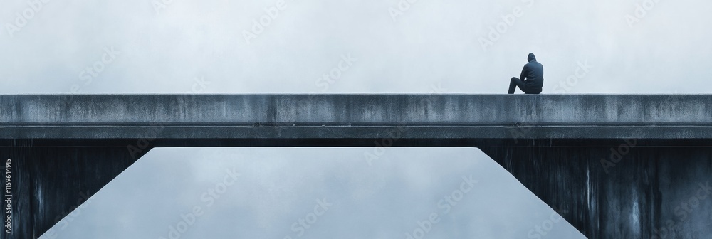 Poster lonely figure sits on the edge of a foggy bridge reflecting on solitude and contemplation in a quiet