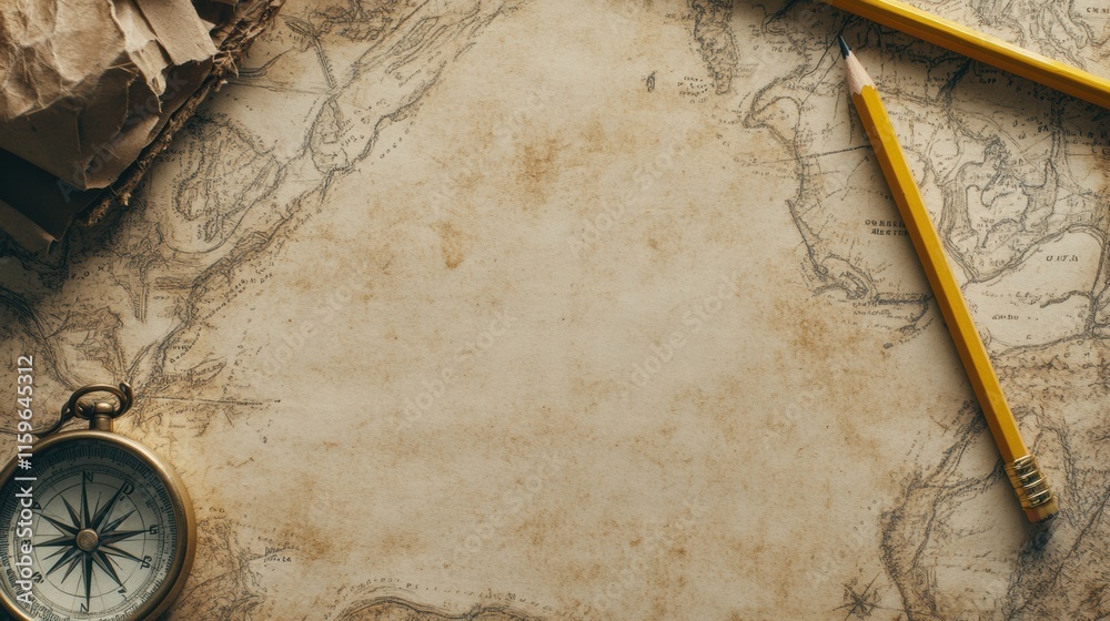 Poster Vintage map with compass and pencil for travel planning and exploration. Generative AI