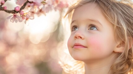 Fototapeta premium Young Girl Gazing at Delicate Spring Blossoms
