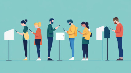 Fototapeta premium Polling place and mobile app for vote at election day. People choosing candidate in voting booths and put ballots in box or poll online on smartphone. Vector cartoon illustration