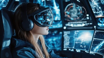 Futuristic Female Pilot Navigating Spaceship with Advanced Tech