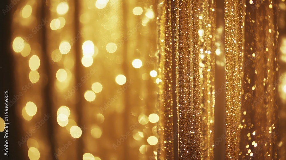 Poster sparkling gold curtain with bokeh lights, festive backdrop.