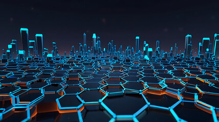 Obraz premium Network connection concept blue vector illustration. Futuristic hexagon perspective wide angle landscape. Futuristic honeycomb concept. Big data digital background.
