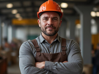 Waist up portrait of male factory worker wearing hardhat in factory warehouse and looking at camera standing with arms crossed