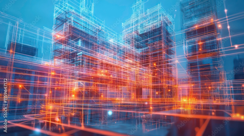 Aufkleber abstract cityscape with glowing lines and digital connections, representing urban infrastructure and