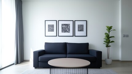Minimalist Living Room Design with Dark Sofa, Three Artistic Frames on Wall, Indoor Plant, and Round Coffee Table in Modern Interior Space