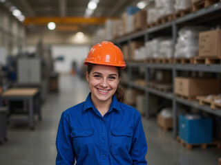 Waist up portrait of smiling young woman wearing hardhat and uniform looking at camera in factory warehouse, copy space