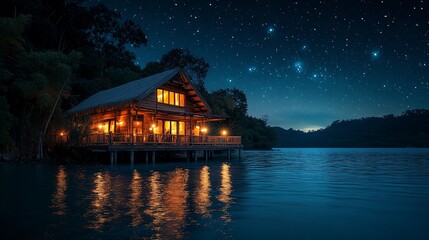 Fototapeta premium Illuminated Lakeside Cabin Under Starlit Night Sky