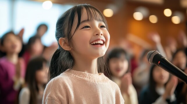 Smiling Girl Public Speaking, Microphone, Audience, Event, Child, Performance, Stage, Presentation, 