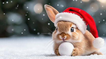 close up of snow bunny wearing Santa hat, holding snowball, surrounded by falling snowflakes, creating festive atmosphere