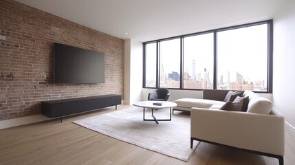 Modern urban living room with large windows offering city skyline view, minimalist furniture, exposed brick wall, and cozy natural lighting